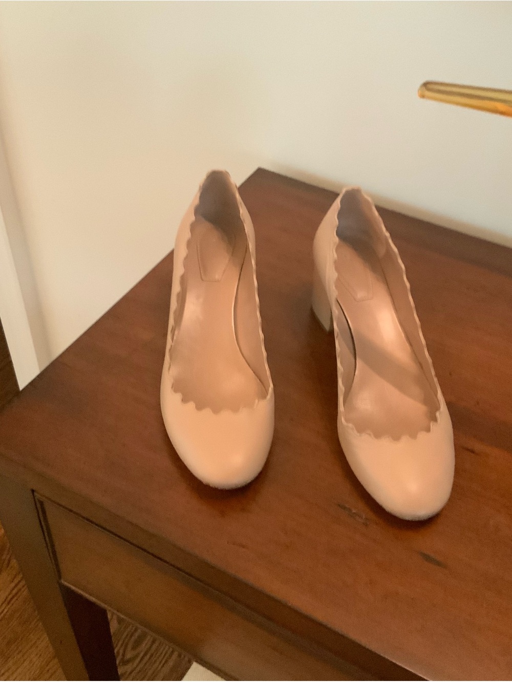 Chloe Scalloped Block Heel Pump in Nude Pink